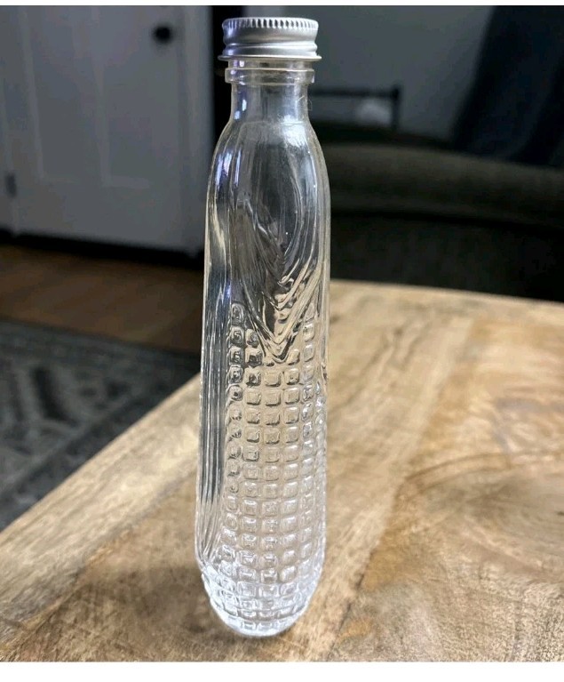 2 Clear Glass Ear Of Corn Shaped Bottle Embossed Texture 7.5” Tall Sealed