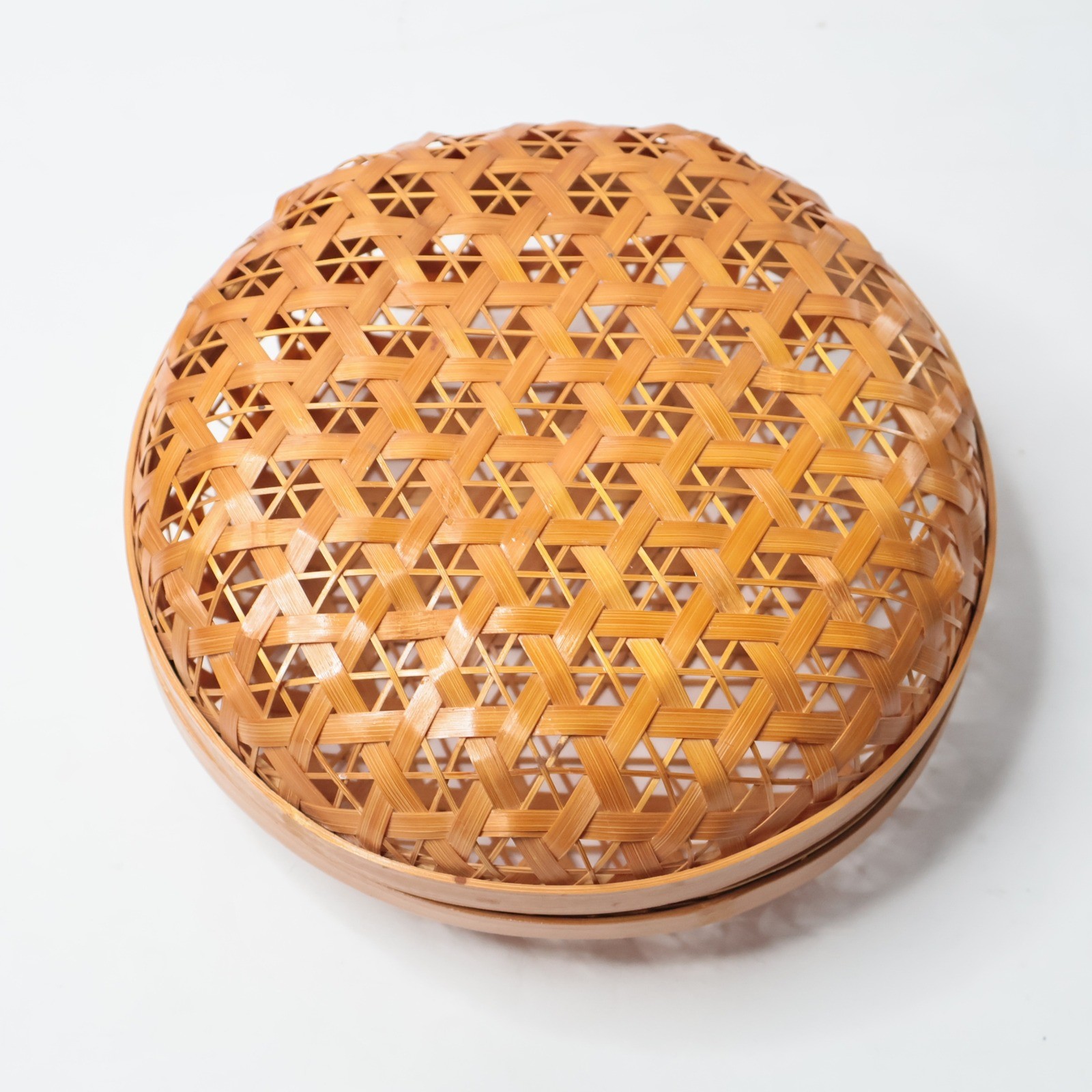 Vintage Round Woven Bamboo Basket Box with Lid Geometric Star Pattern 6.5in
