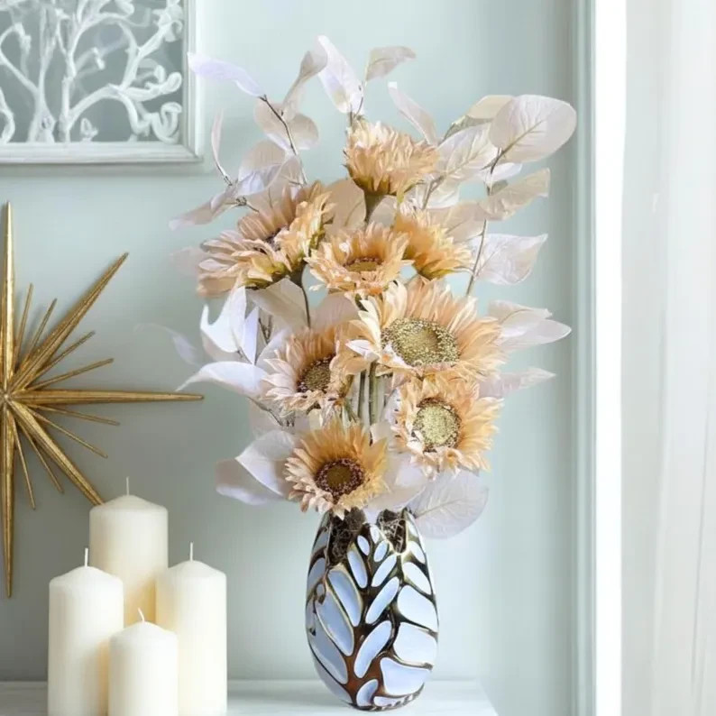 Peach Sunflowers Floral Arrangement: Fancy Table Centerpiece, Modern Home Decor