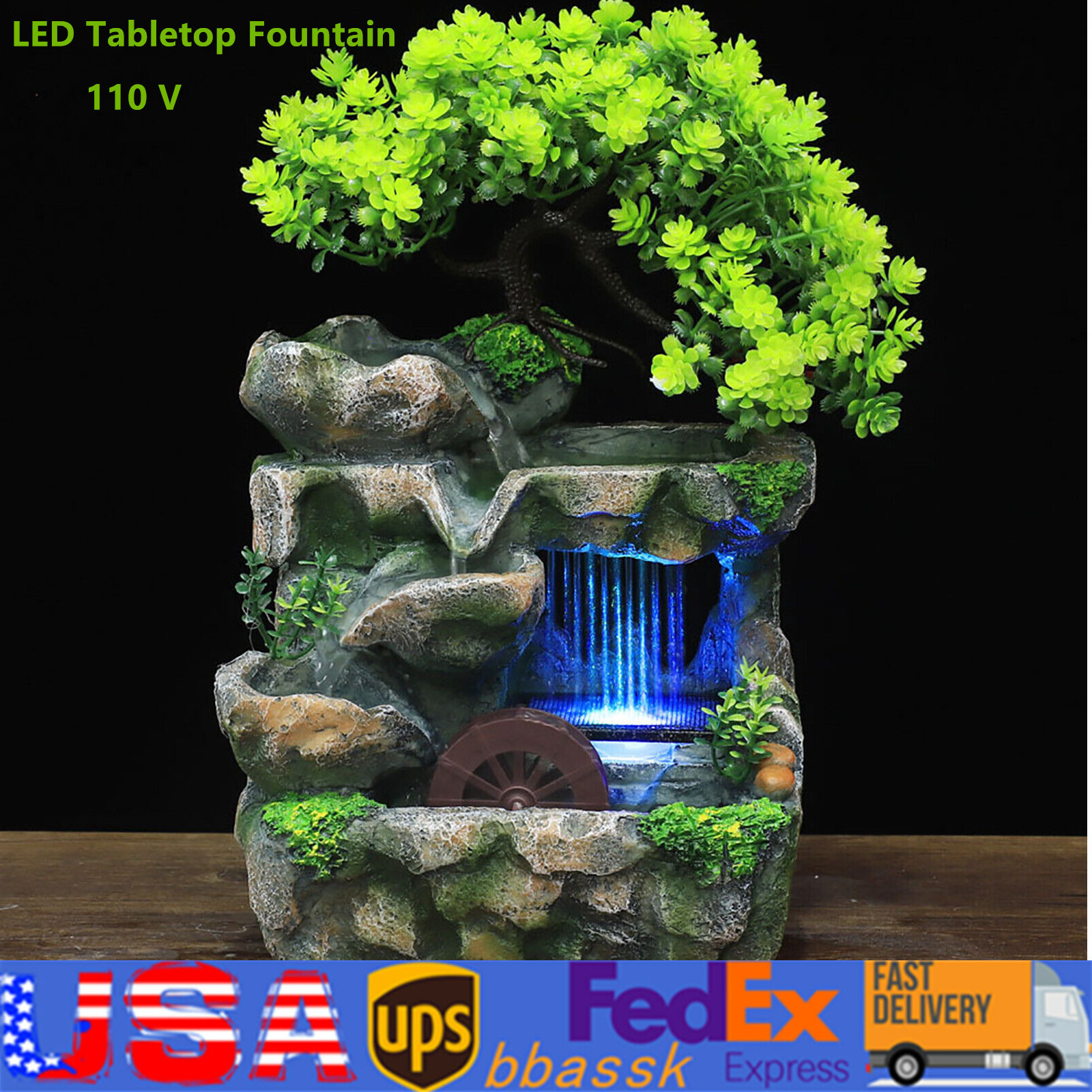 Resin Tabletop Rockery Fountain Waterfall Bonsai w/ LED Light Home Office Decor