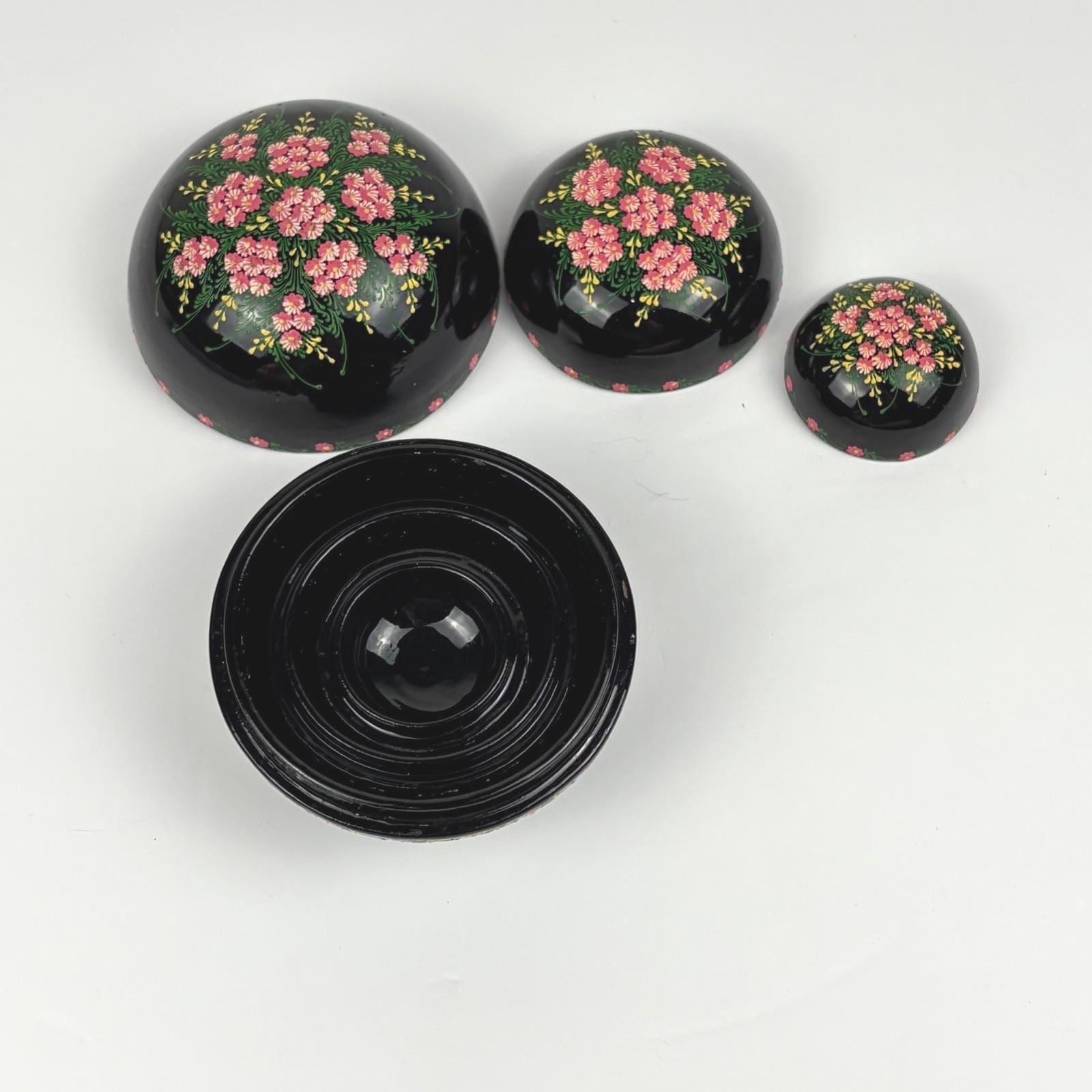 Vintage Lacquer Nesting Spheres 3 Piece Set Black Pink Floral Hand Painted Box
