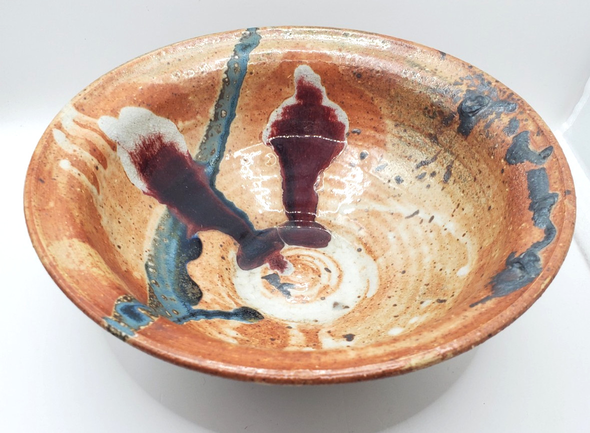 Pottery Art Bowl Brown Multi Color Fruit Serving Bowl Handmade Artist Signed