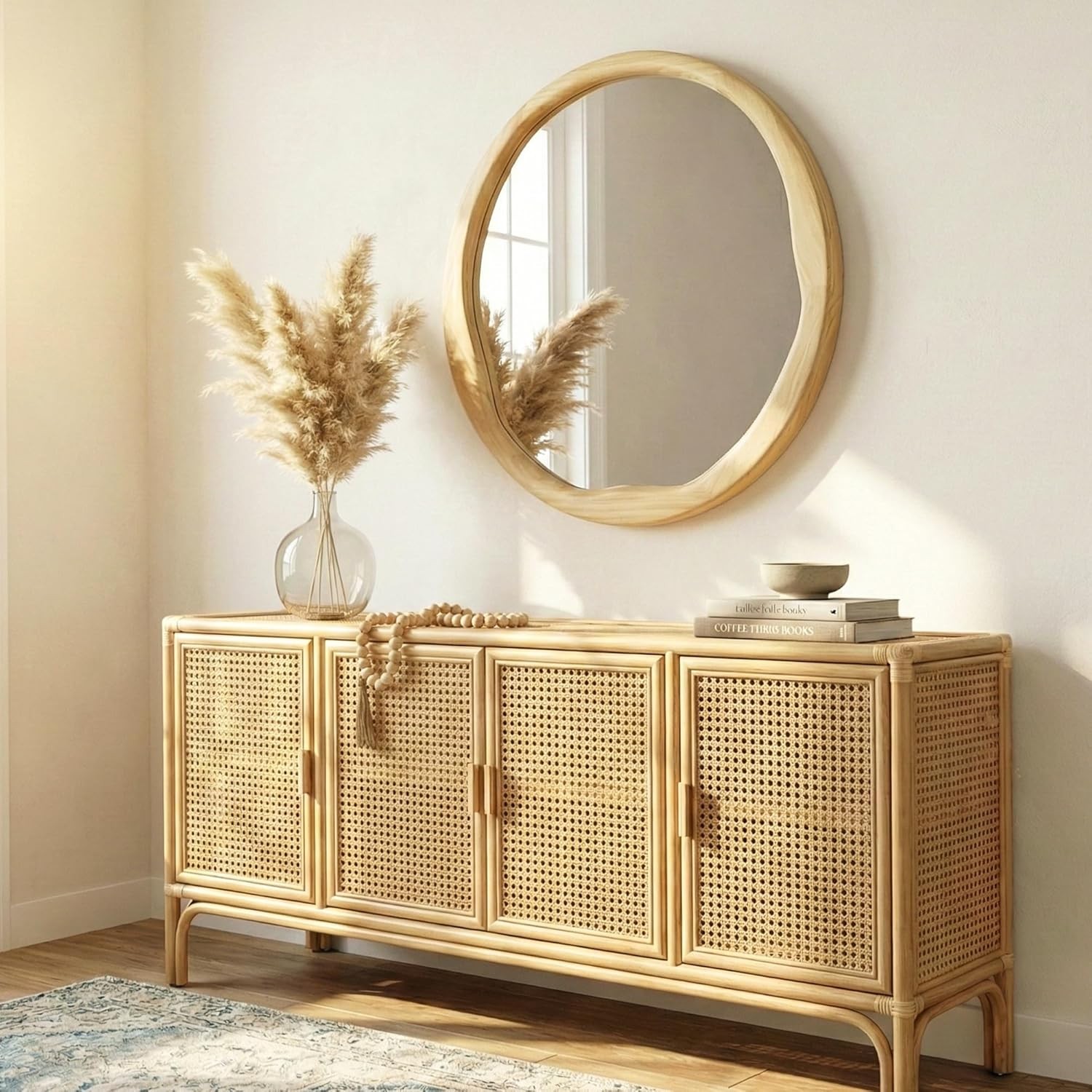 24&Prime; Natural Wood Round Mirror, Solid Wood for Bathroom Vanity & Bedroom
