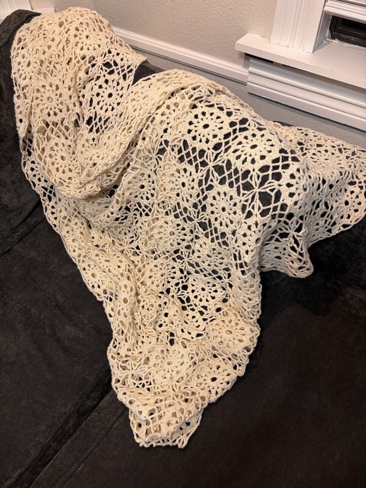 Crocheted Granny Square Blanket Throw 60” x 84” Afghan Handmade Vintage