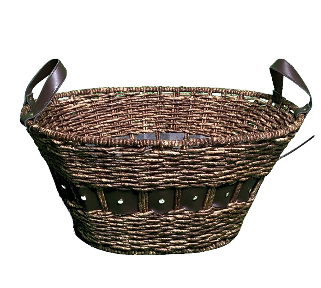 Rush Wooden Woven Dark Oval Basket w/ Handle (Measurements H 10&Prime; X L19&Prime; X W 14&Prime;)