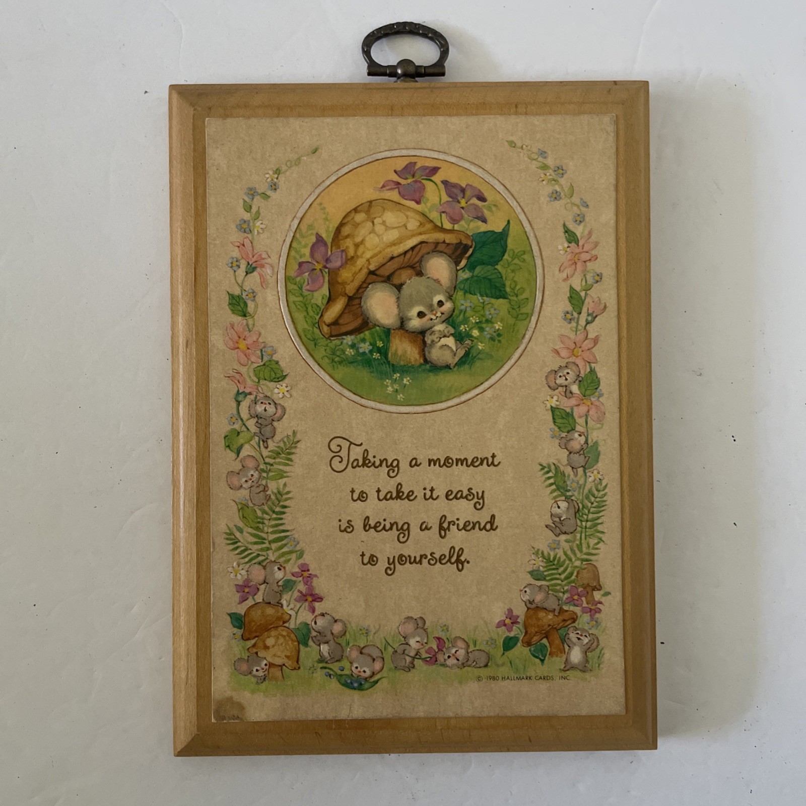 Vintage 1980 Hallmark Cards Wooden Wall Plaque Mouse Mushroom Take It Easy