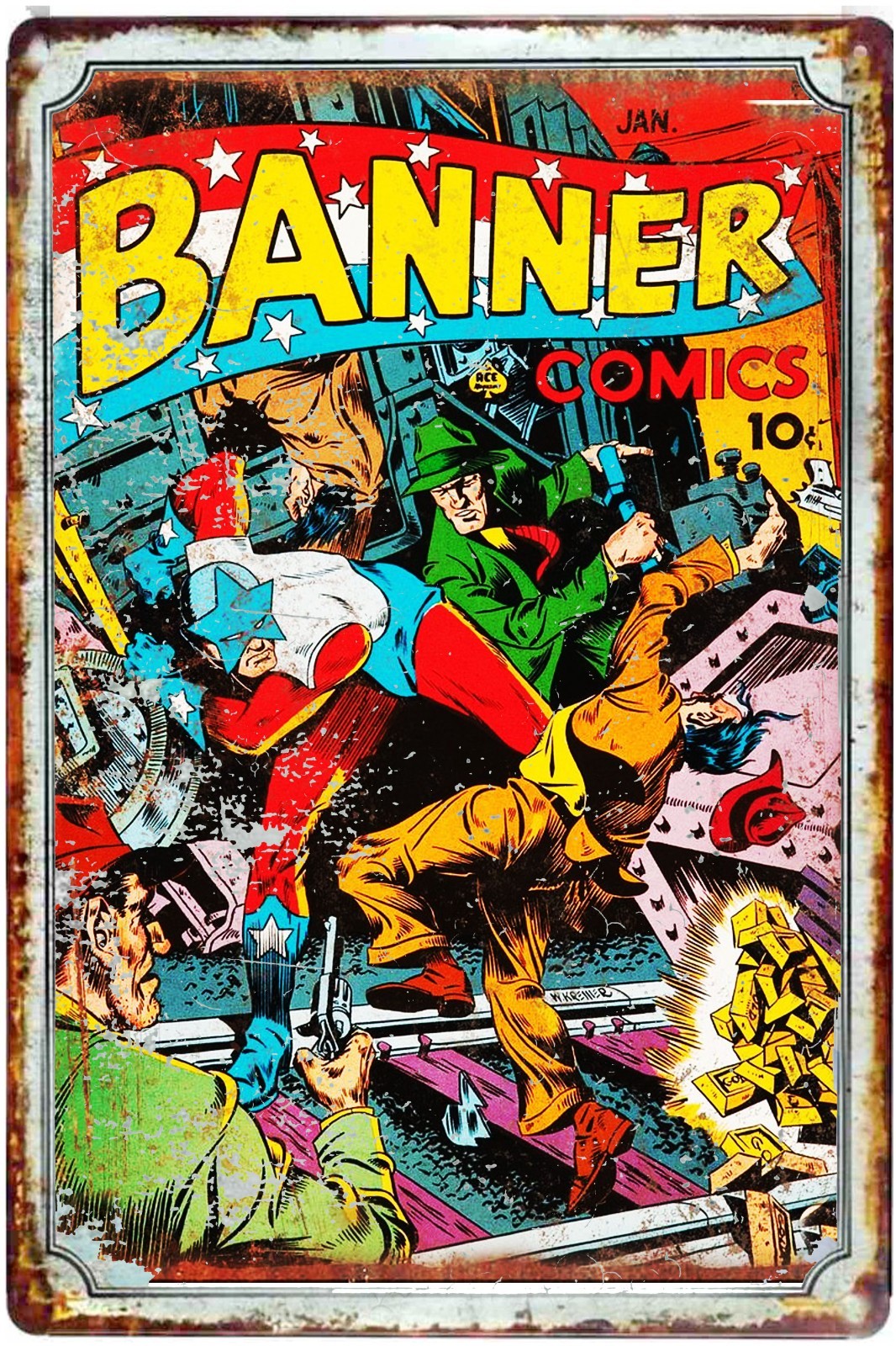 Banner Comic Book Super Heroes 1930s Advertising Tin Sign Size to 12 x18