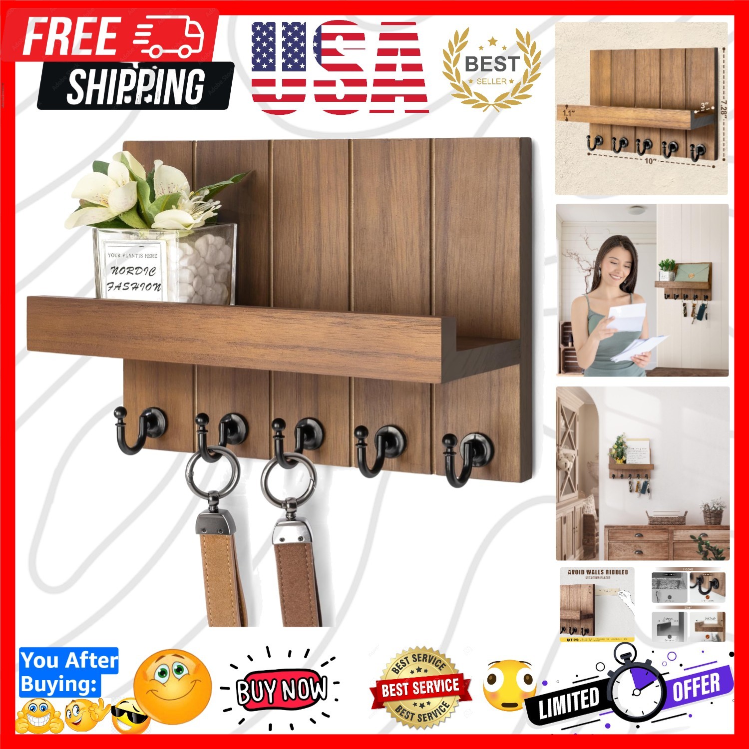 Decorative Key Holder for Wall – Rustic Key Hooks with Shelf and Mail Organiz…