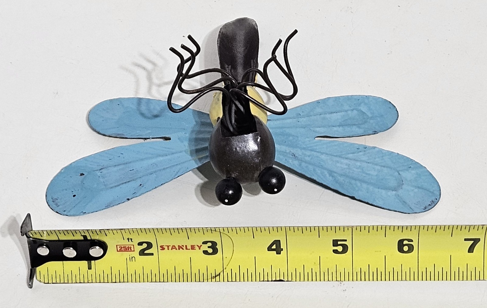 Metal Dragonfly Sculpture Hand-Painted Blue Yellow Brown Decor Wings – 6 Inches