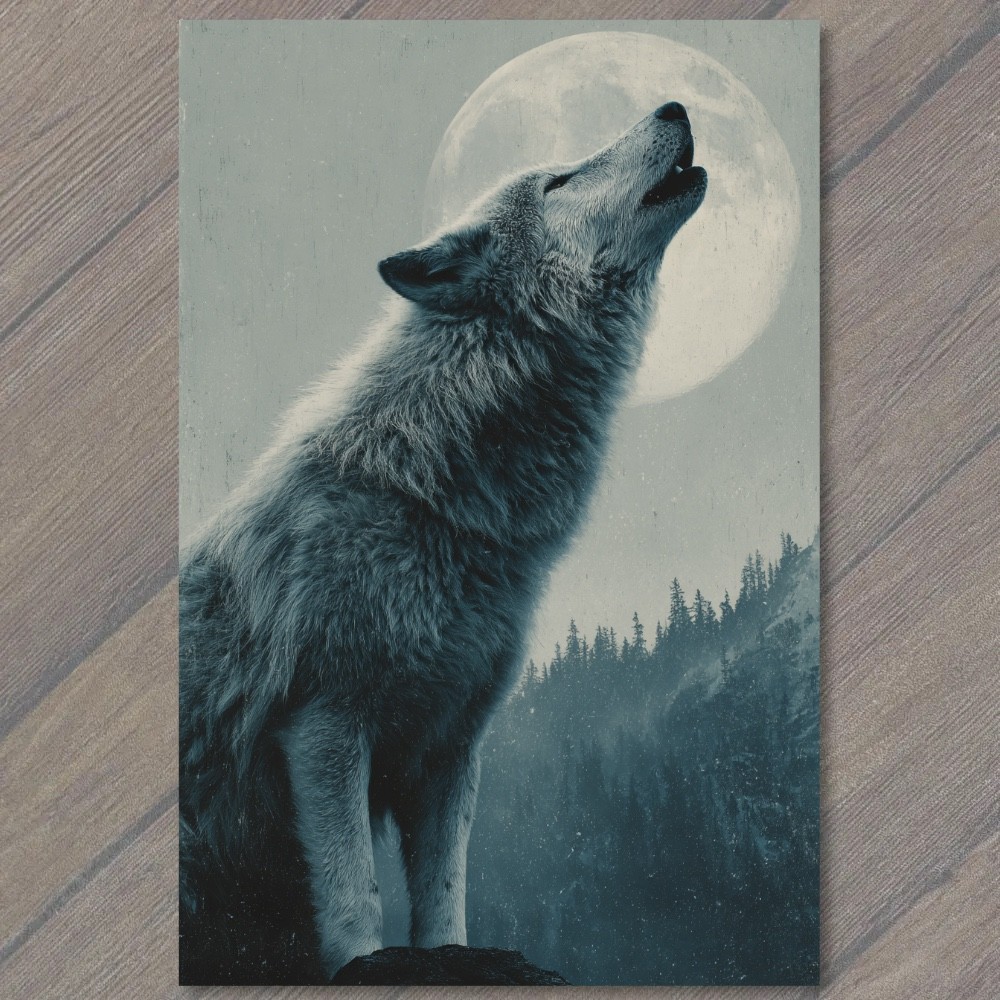 Art Print Howling Wolf Full Moon Forest Night Wildlife Portrait