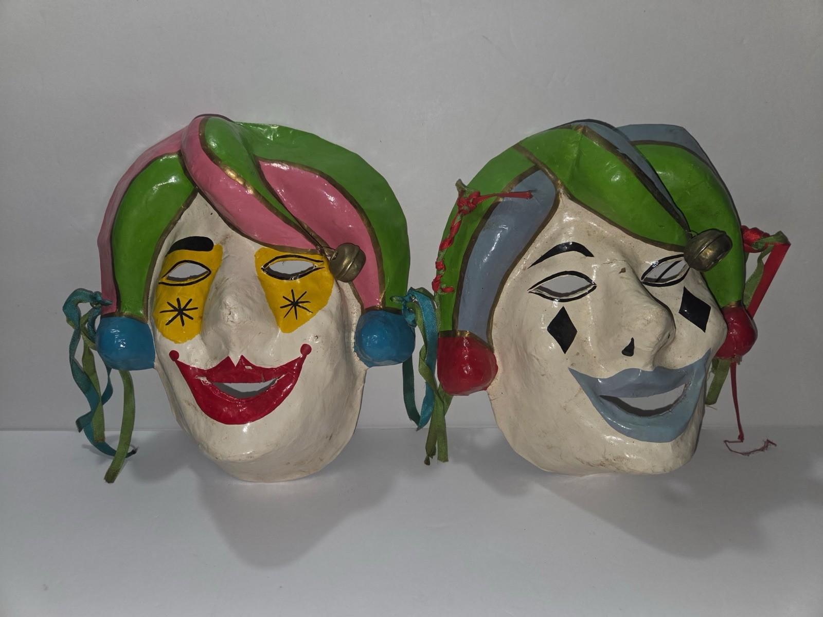 Vintage Handmade Paper Maché Jester Masks (Set of 2) Wall Decor