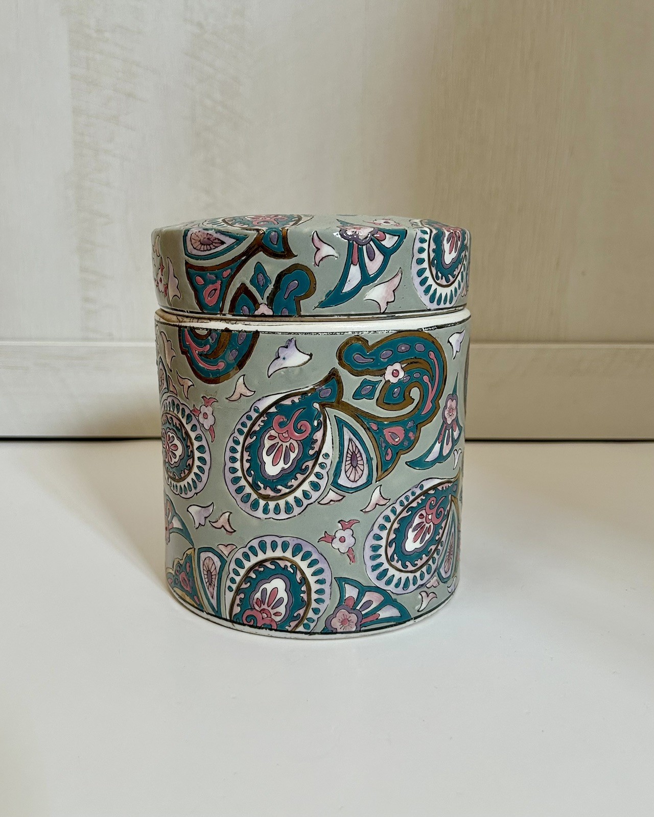 Decorative Ceramic Jar with Lid 6&Prime; — Teal & Pink Paisley Chinoiserie Canister