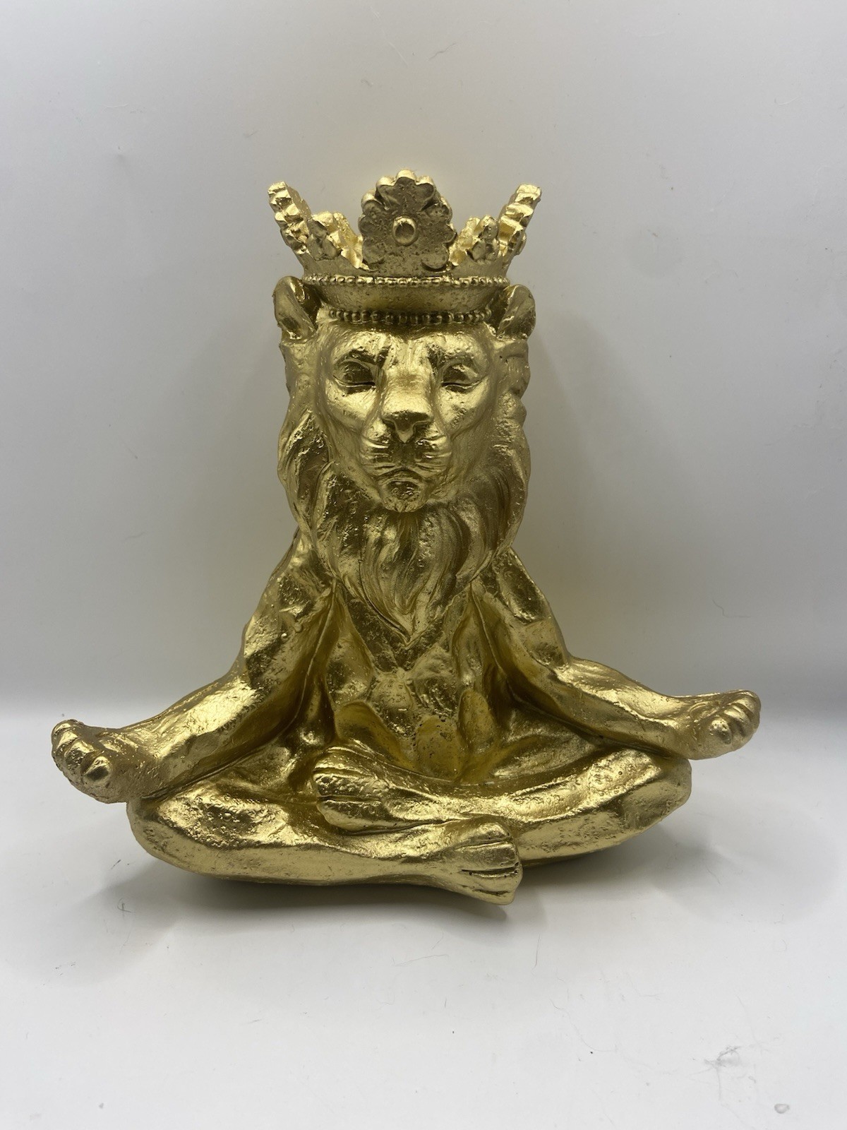 Gold Lion Meditating Statue Crown Yoga Decor Leo Zodiac Spiritual Figurine 7”