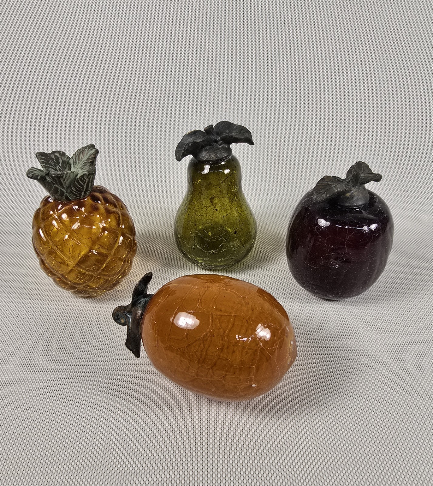 1980s Murano Style Crackle Glass Fruit Figurines Vintage MCM Art Glass Set of 4