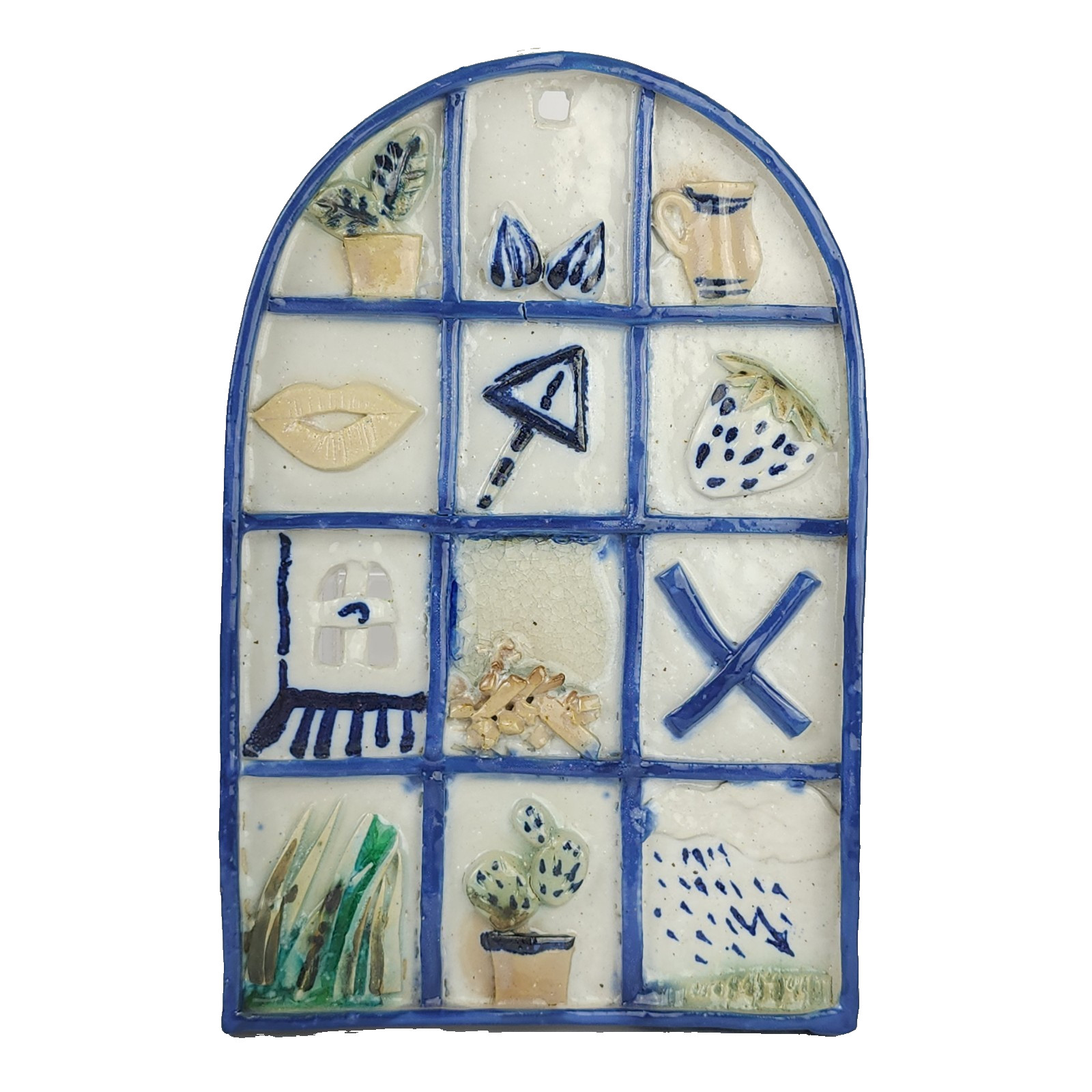 Polish or Ukrainian Style Folk Art Pottery Plaque Arched Window Krychata 8.5&Prime;H