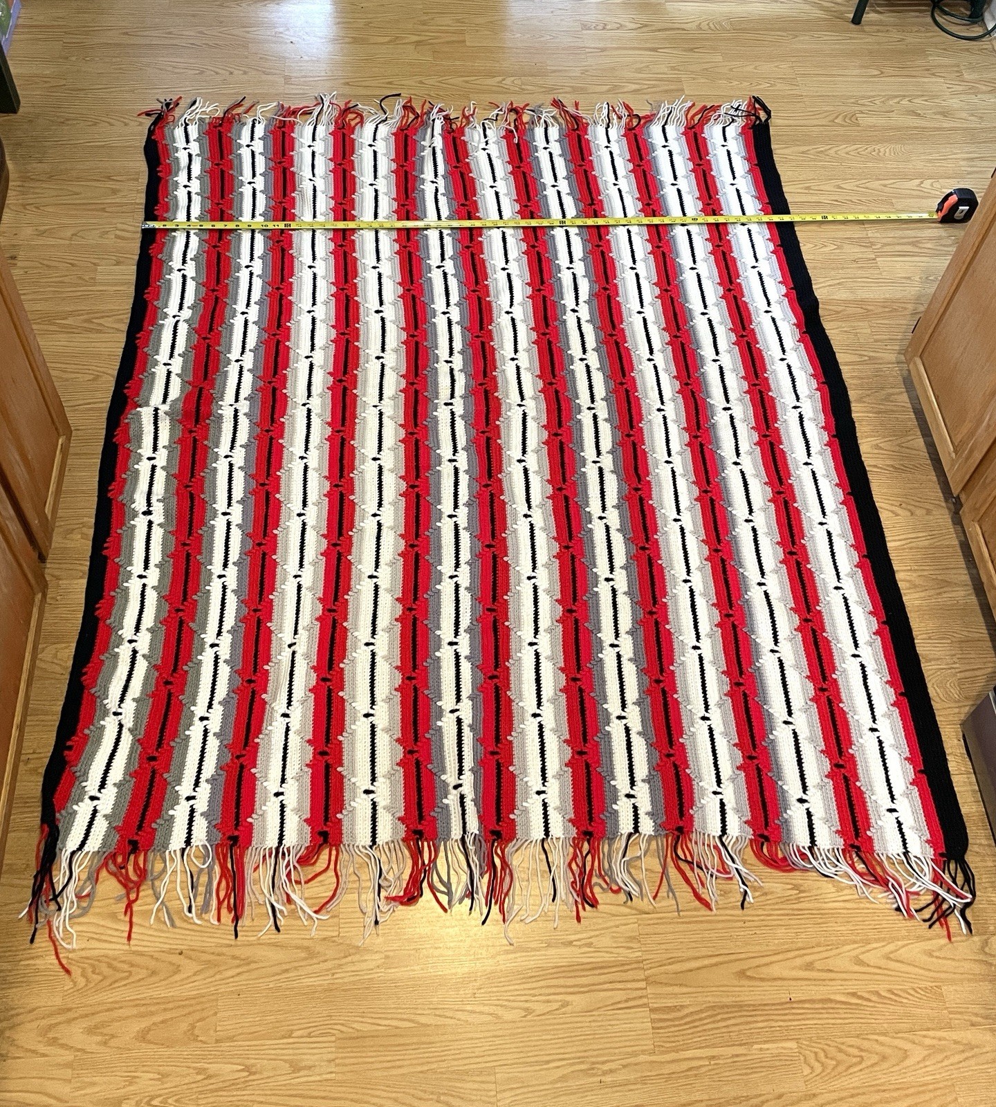 Handmade Crocheted Afghan Throw Blanket 57×74” Red White Black Gray – Perfect!