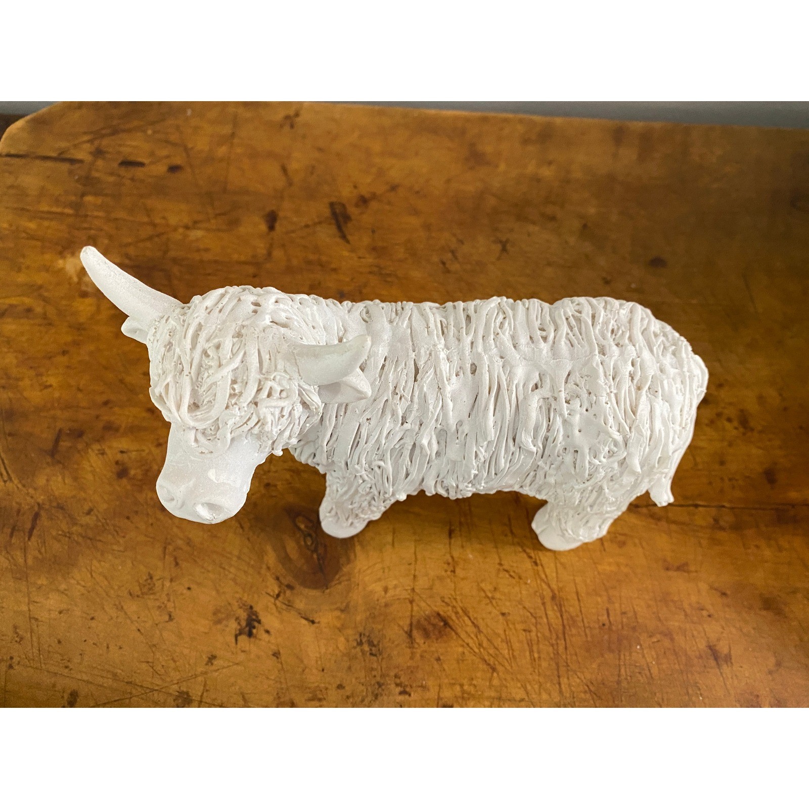 White Highland Cow Figurine Spaghetti Resin Sculpture Farmhouse Cottagecore