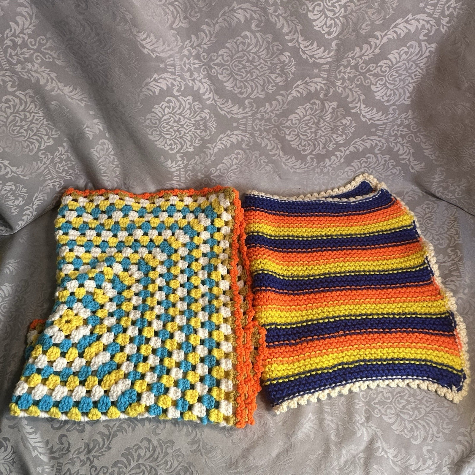 Vintage Unisex 70s Crochet Knit Baby Blanket Throw Handmade Crib Afghan Set