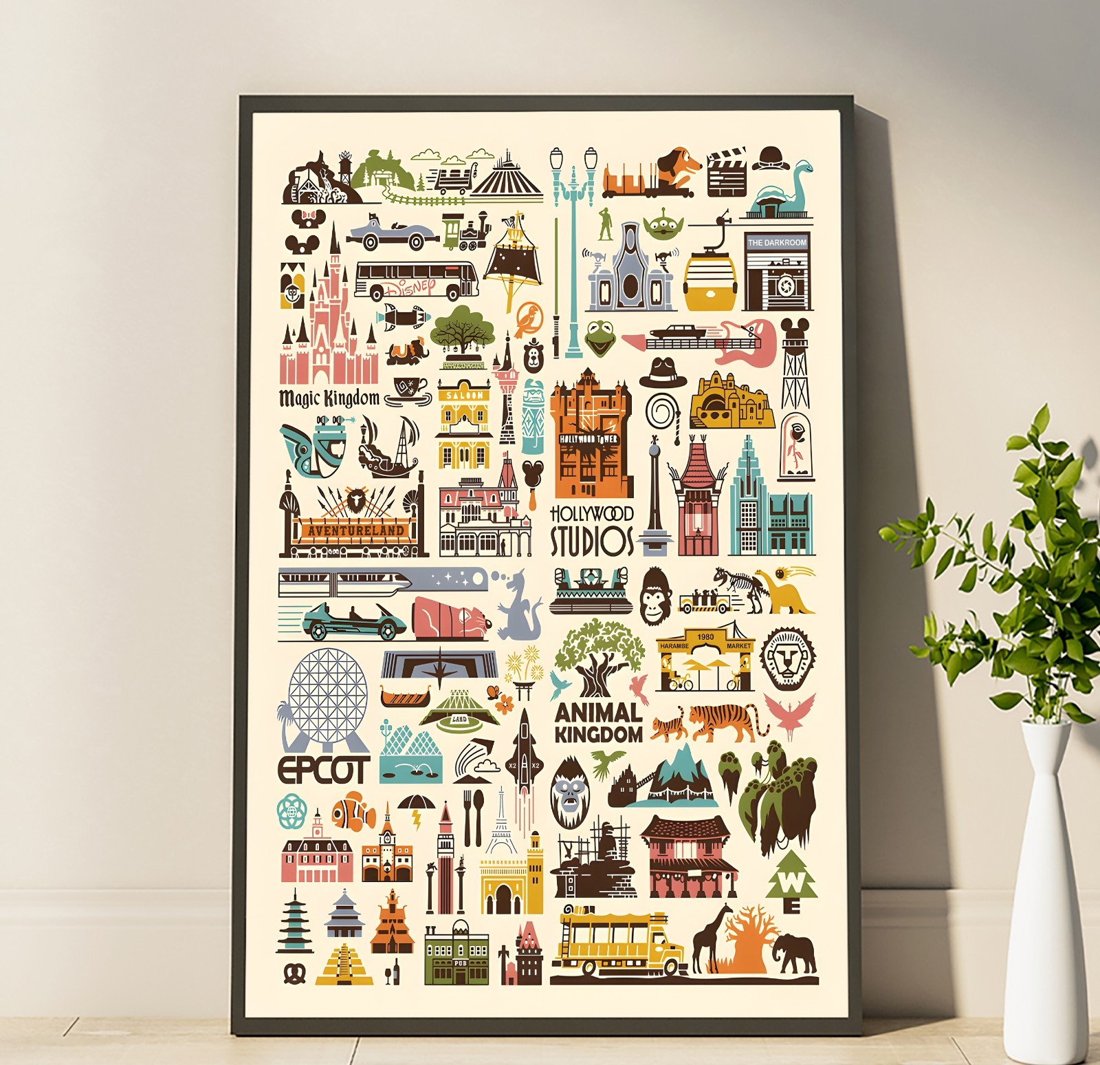 Disney Parks Icons Poster, Theme Park Travel Wall Art, Magic Kingdom
