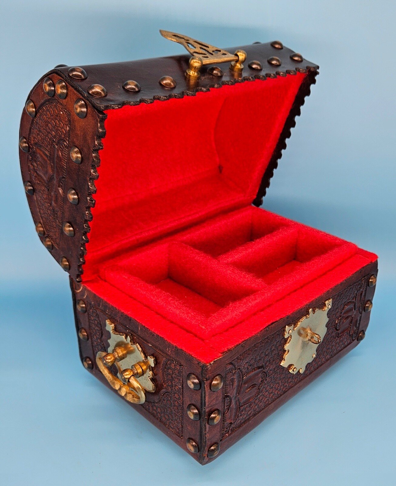 Piel Embossed Leather Wrapped Treasure Chest Wood Trinket Storage Box Red Lining