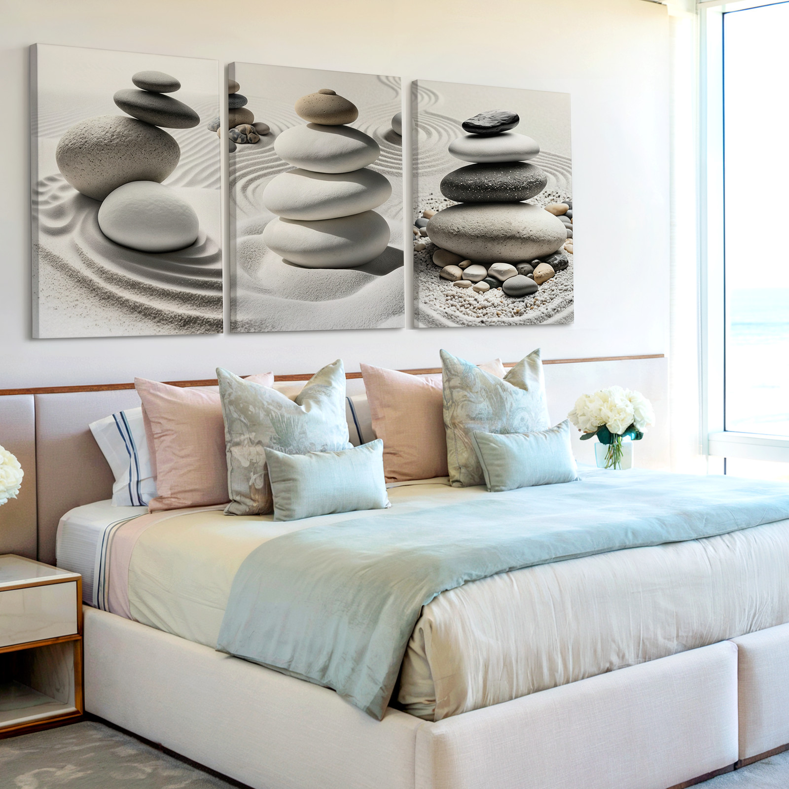 3 Pieces Zen Stone Balance Sand Patterns Tranquil Large Wall Art for Set Of 3
