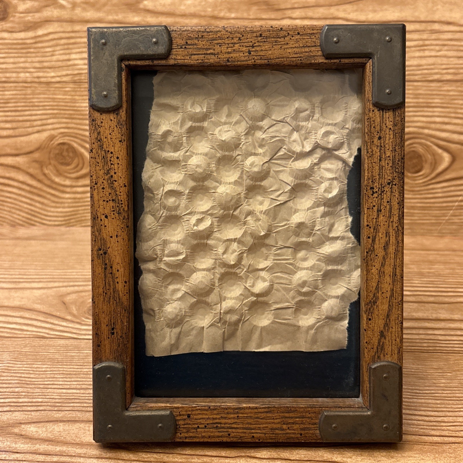 Vtg Wood Photo Picture Frame Wood Metal Corners Rustic Barn Cottage Cabin 5×7