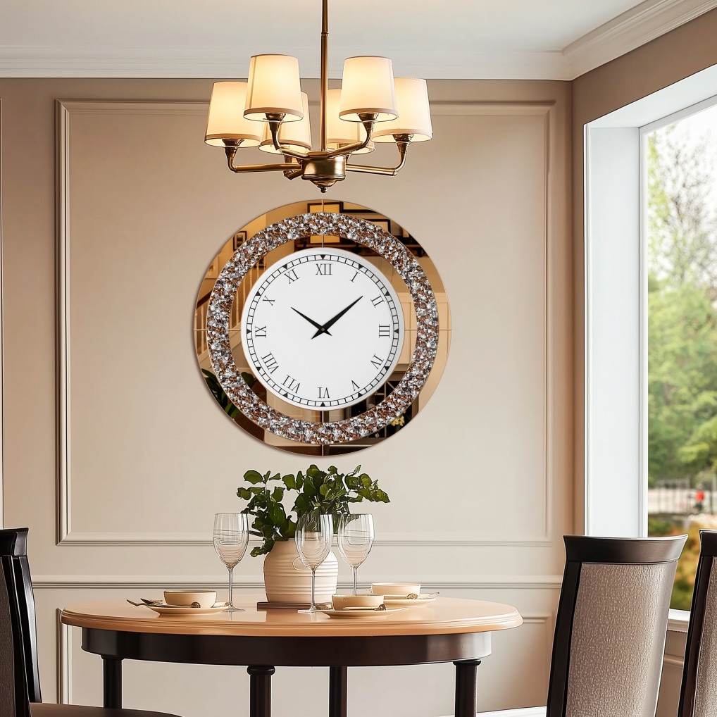Large Round Mirror Clock 24/32in Crystal Sparkle Bling Crush Diamond Wall Clocks