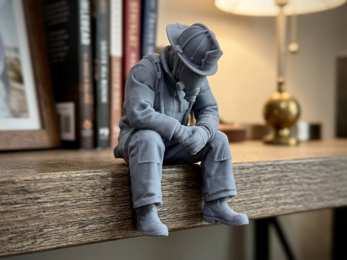 Sad Firefighter Edge Sitter Figurine 3D Printed Shelf Sitter
