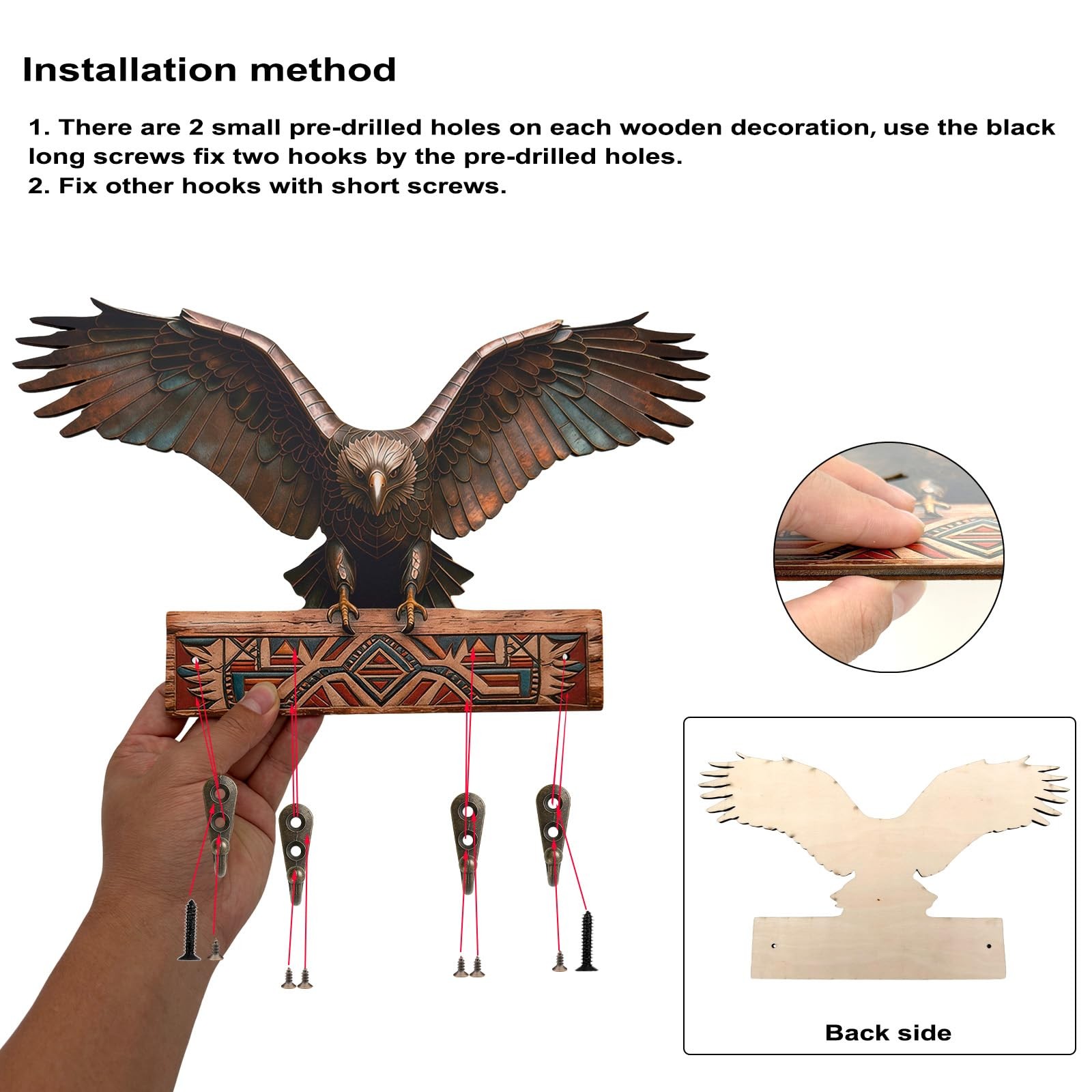 Wooden Wall Art Decor with 4 Rustic Hooks, Eagle Treasure Chest Design Key Ho…