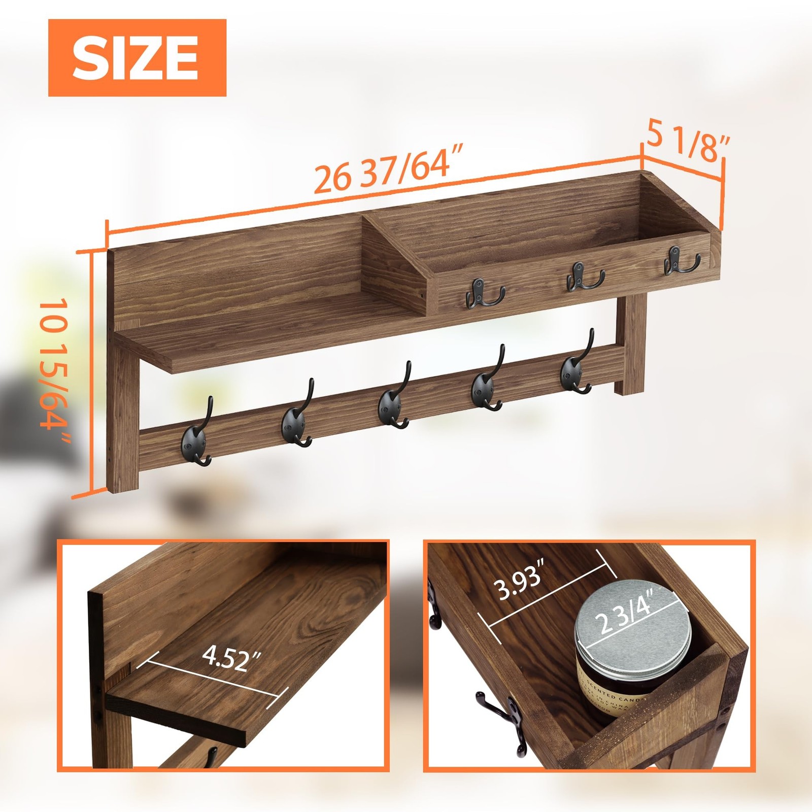 AMBIRD Wall Hooks with Shelf, 26.57 Inch Entryway Wood Coat Hooks for Wall wi…