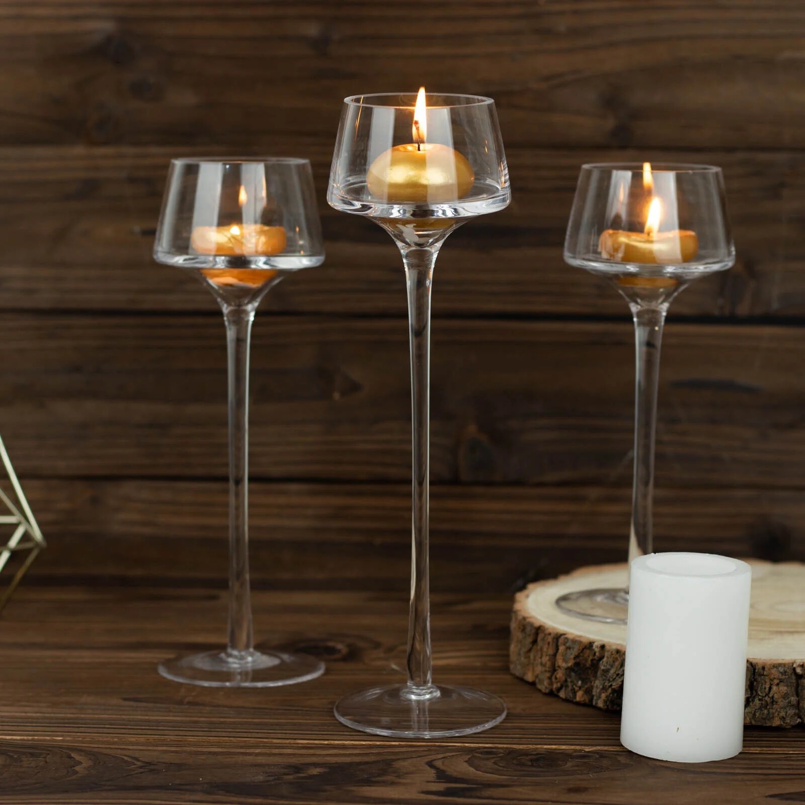 3 CLEAR Long Stem Crystal Glass CANDLE HOLDERS Vases Centerpieces Party Events