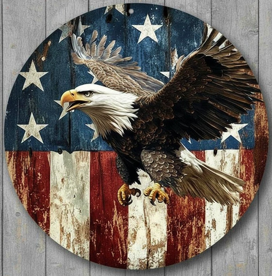 American Bald Eagle Patriotic 12&Prime; Diameter Vintage Novelty Metal Sign USA Made