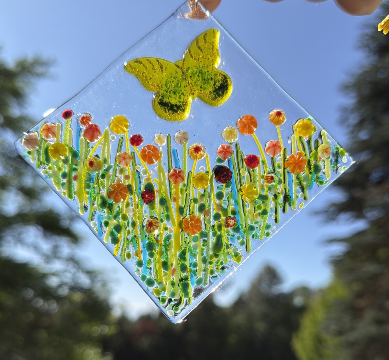 Fused Glass Handmade Diamond Shaped Multicolored Sun Catcher Signed By Artist