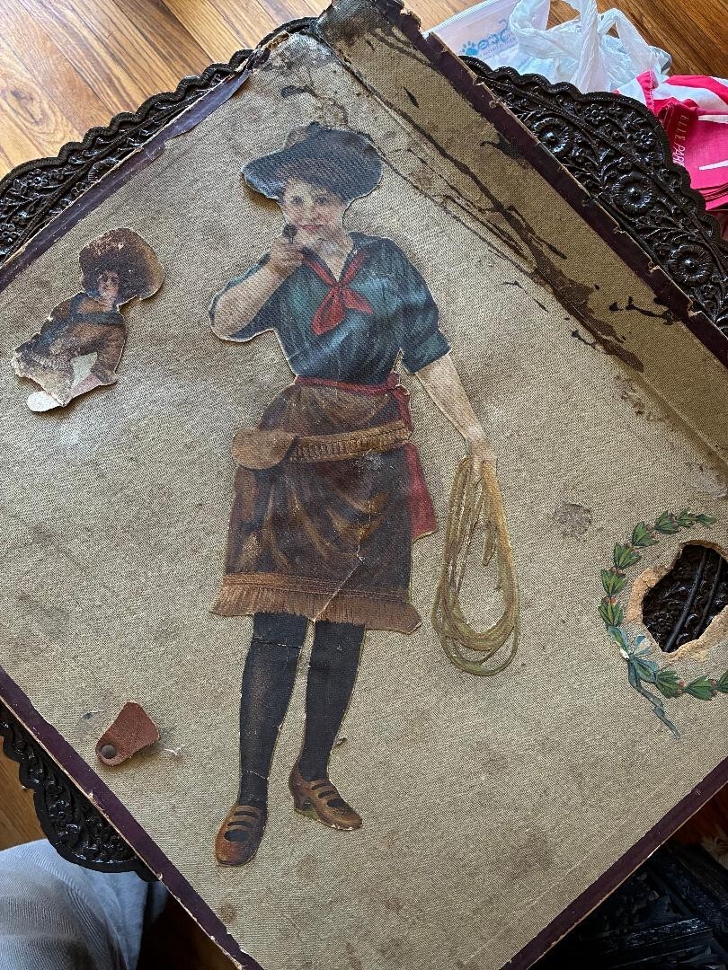 Antique Annie Oakley Paper Color Die Cut Large 17&Prime; Glued on Board