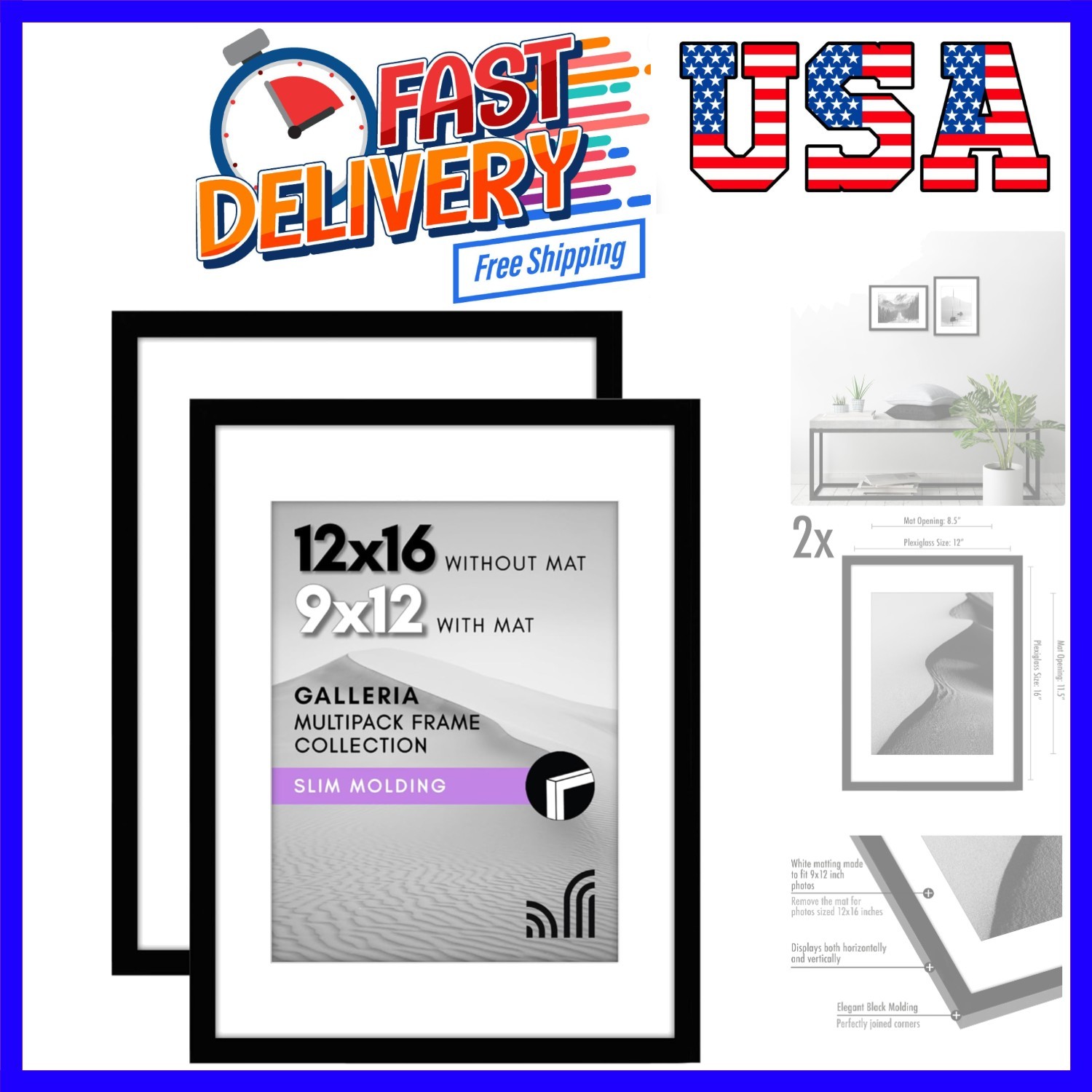 12×16 Picture Frame with Polished Plexiglass – Set of 2 – Use as 9×12 Frame w…