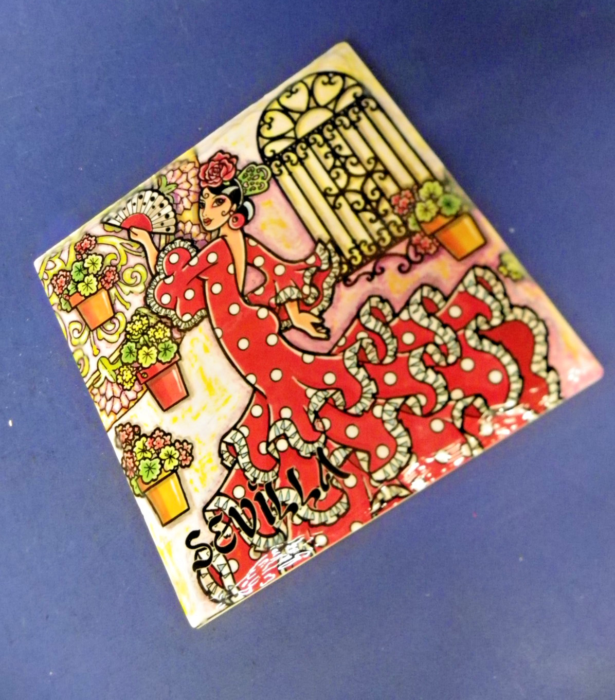 Flamenco Dancer Glossy Ceramic Tile Wall Hanging Plaque Sevilla Spain 6.5&Prime; x6.5
