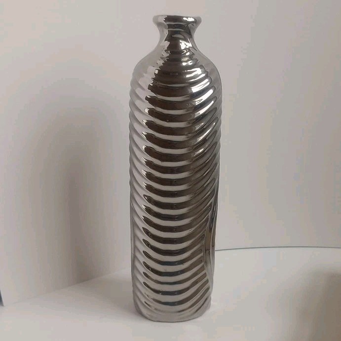 Modern Ceramic Pottery Vase Cylinder Bottle Metallic Silver Chrome 11.5&Prime;H