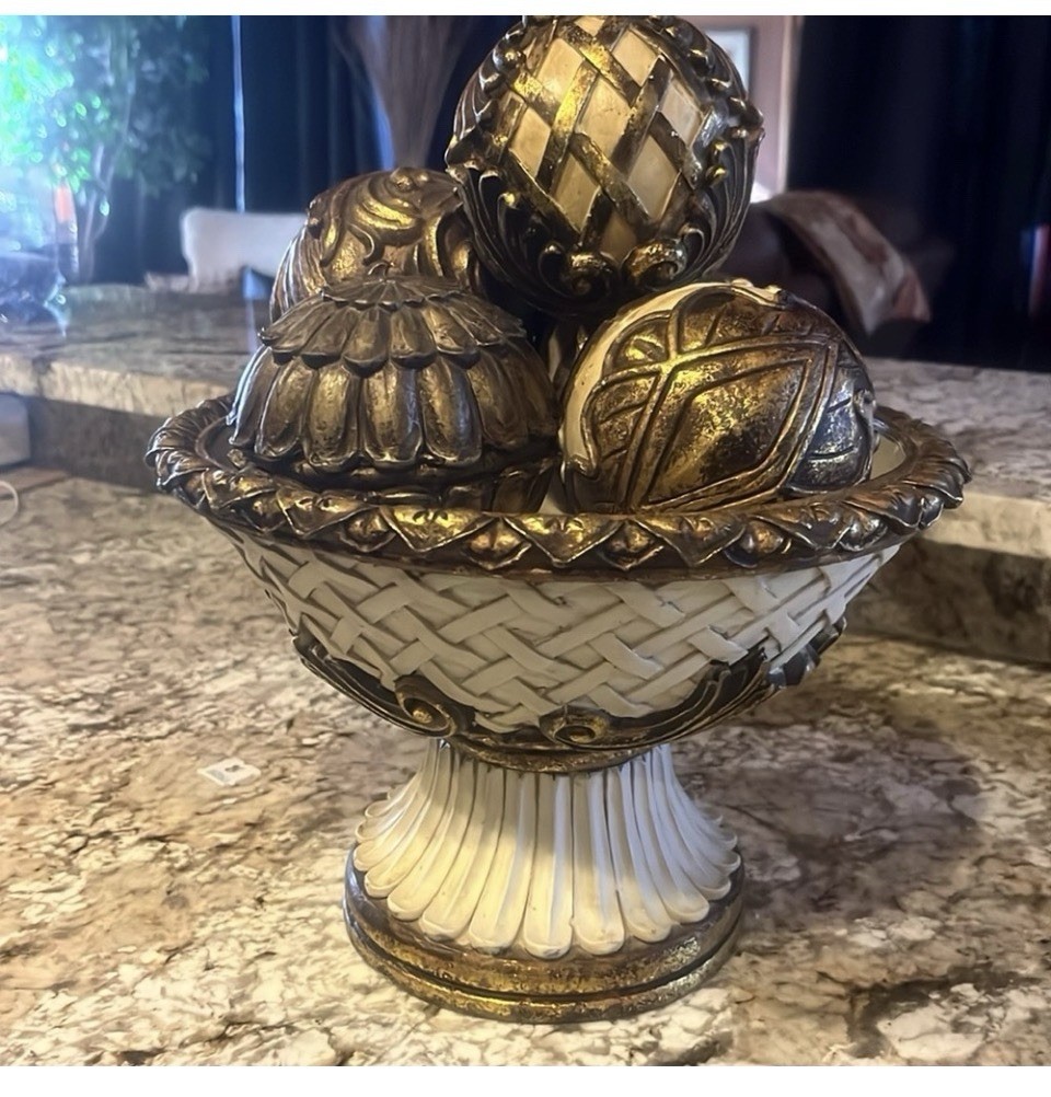Decorative Antique Gold Orbs Bowl Set of 5 Balls for Centerpiece Decor