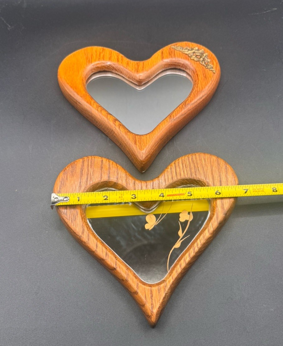 Vintage Heart-Shaped Oak Wood Butterfly, Brass Accents Cottage Boho 2 Mirror Set