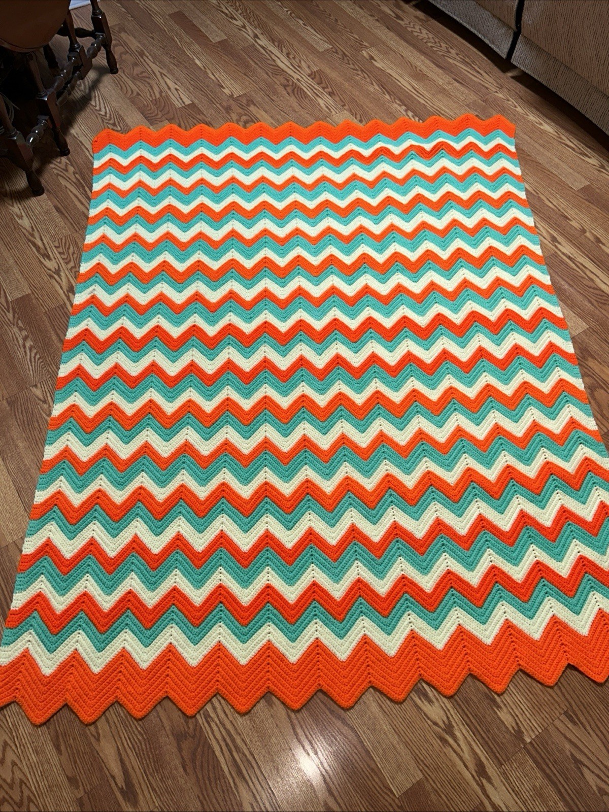 MultiColor Afghan Orange Yellow Green Soft Warm Clean Tight Knit 58 X 76” H