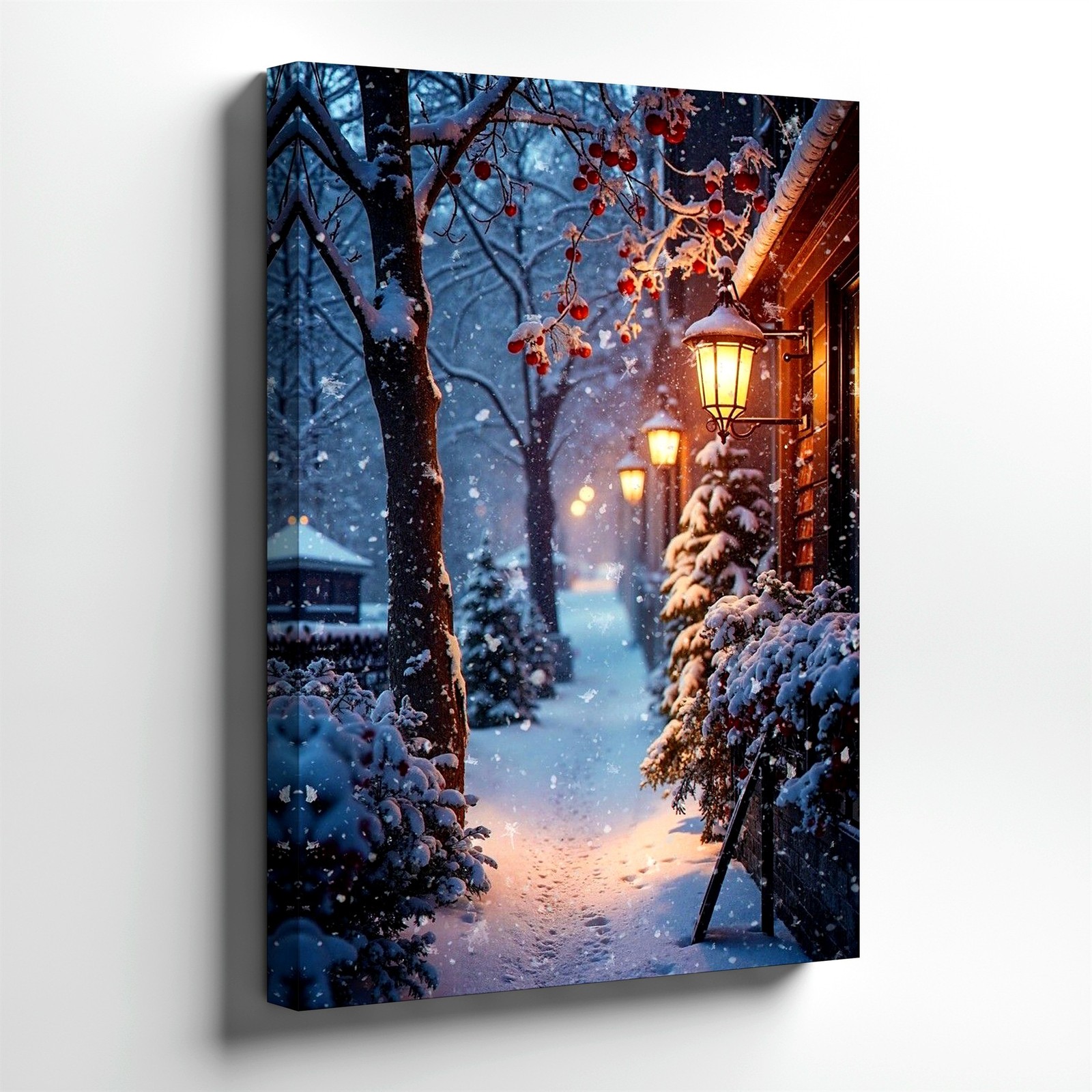 Wall Art Winter Snowy Path Lantern Light Cottage Red Berries Canvas Print Decor