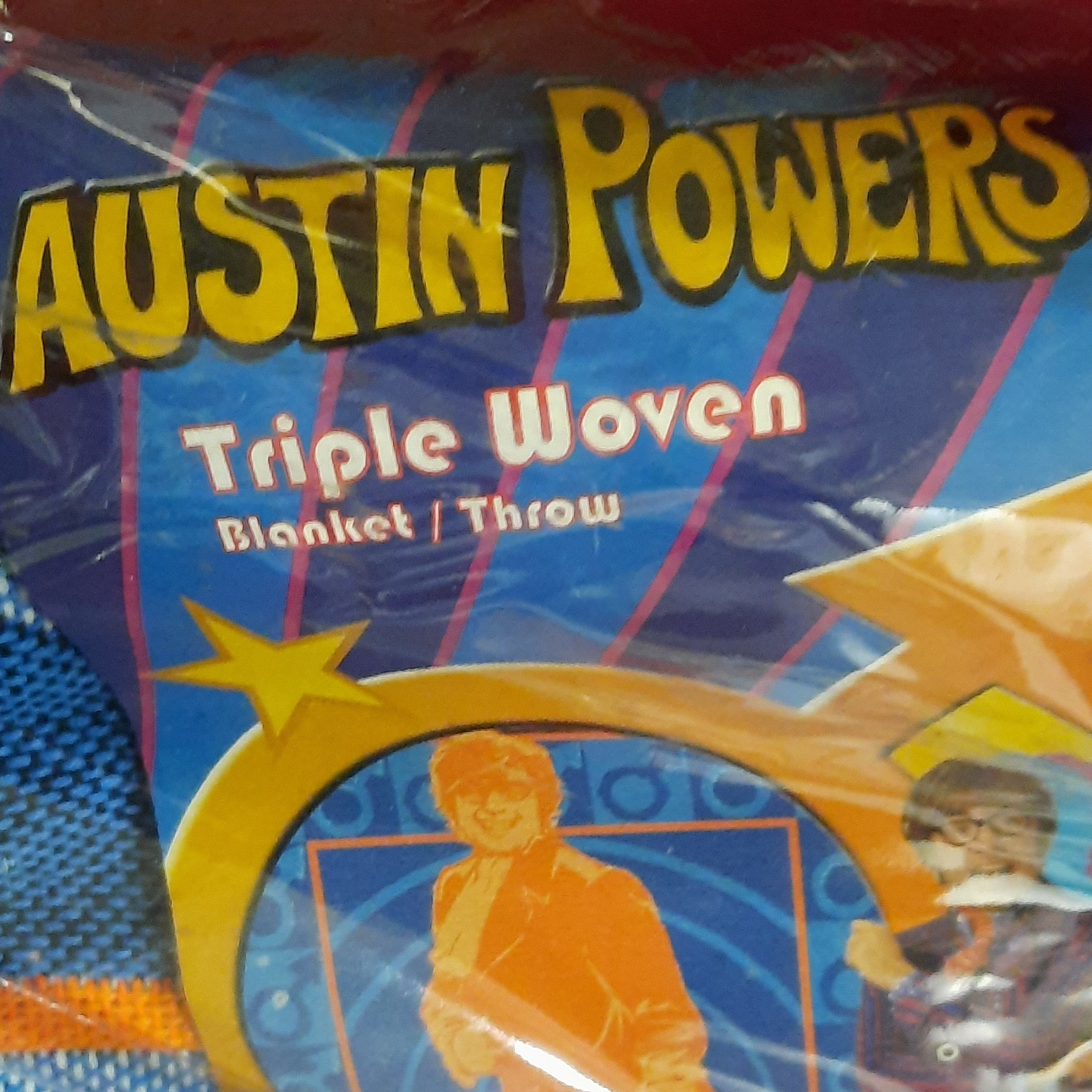Very Rare Austin Powers Triple Woven Throw Blanket Fringed 48×60 Blue/Orange