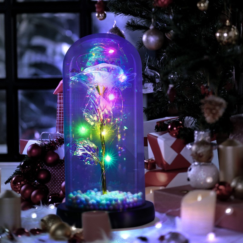 Rose In Glass Crystal Flower Dome RGB LED Light Up Rose Lamp Gift for Girlfriend