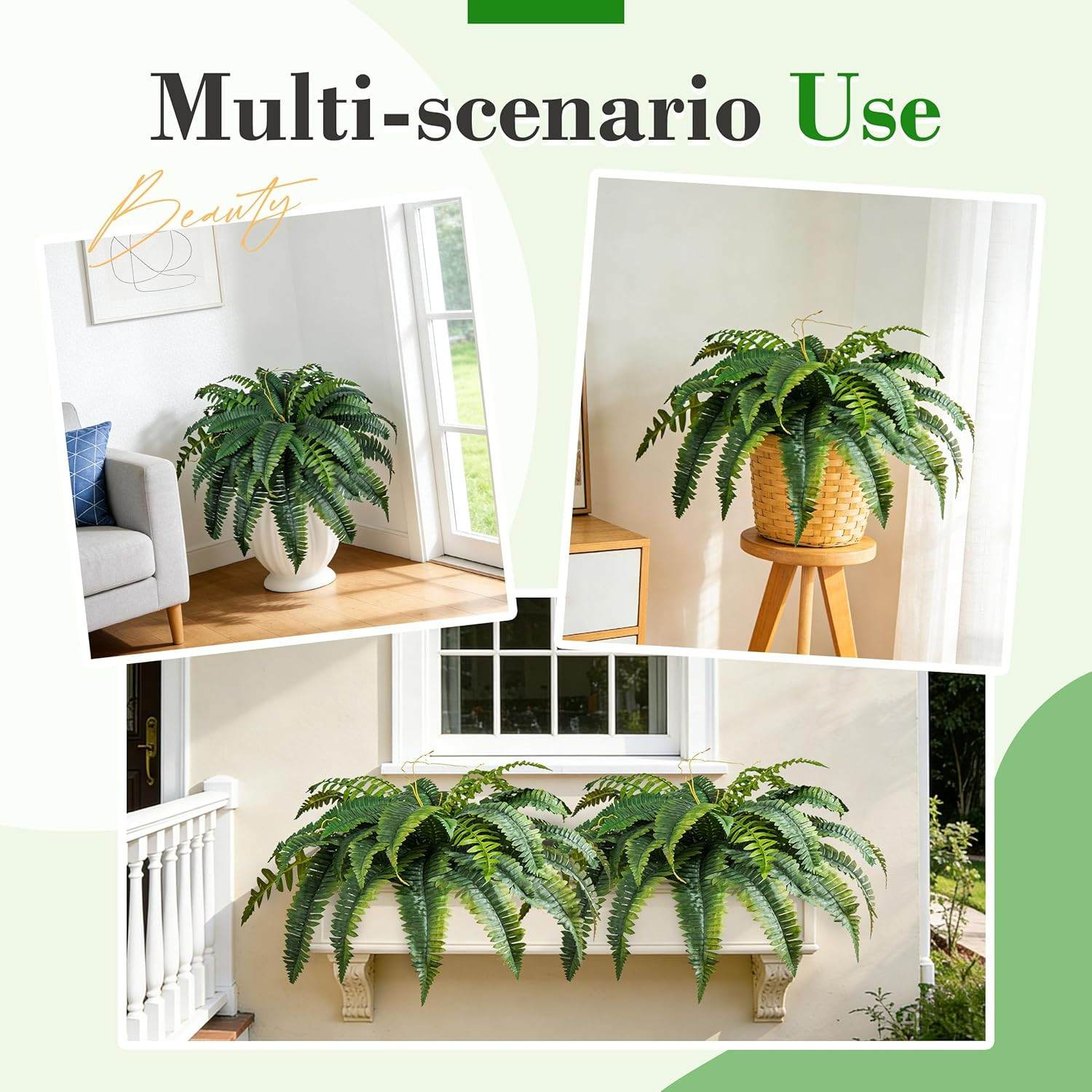 2 Pack 45&Prime;/60 Leaves Large Fake Ferns, UV Resistant Outdoor Artificial Plants Fa