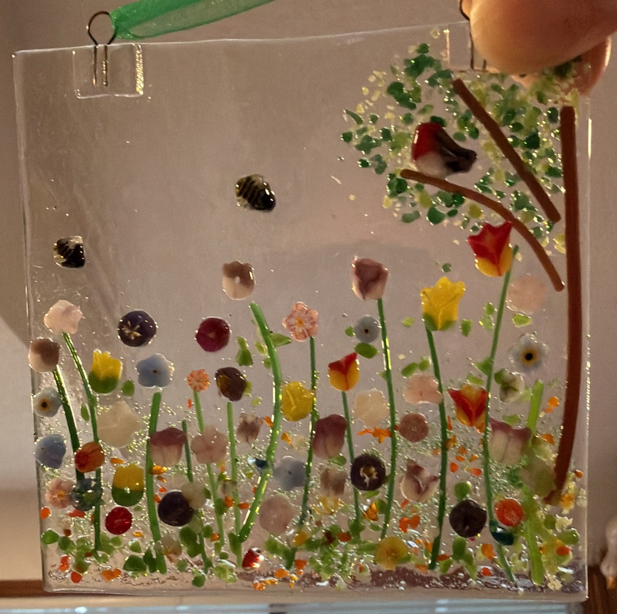 Fused Glass Handmade Square 4”x 4” Multicolor Sun Catcher Signed By Artist