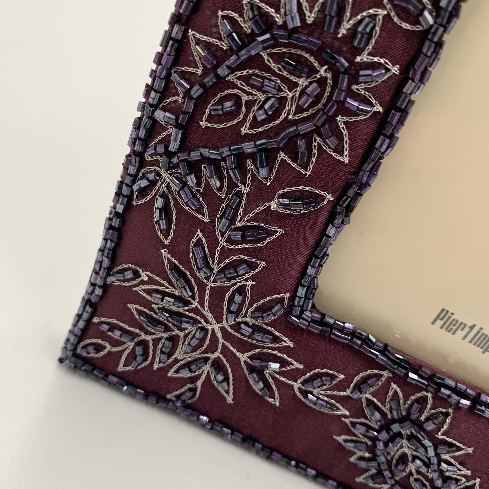 Pier 1 Eggplant Purple Floral Beaded Fabric 3.5×5&Prime; Photo Frame NEW in Box