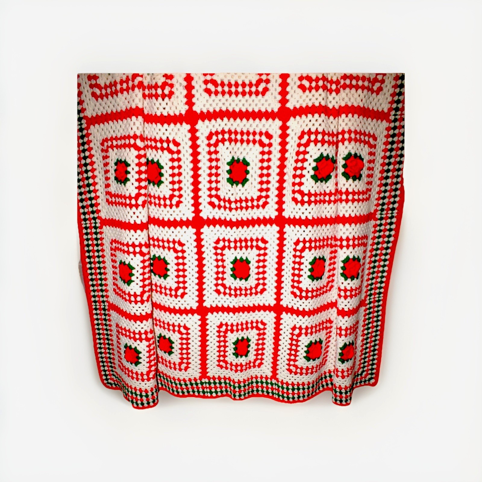 Christmas Afghan Granny Squares Crochet Blanket Throw White Red Green 78 X 80