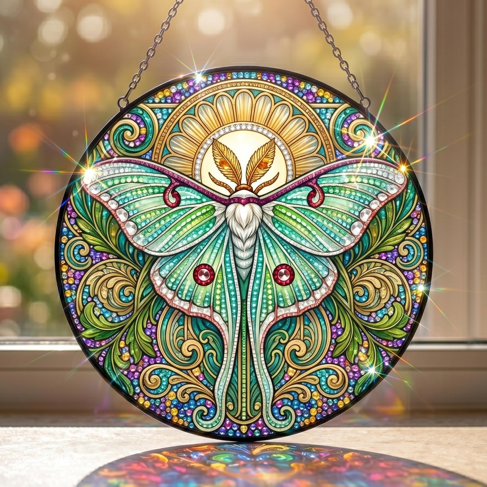 Luna Moth Stained Glass Suncatcher, Celestial Mint Green Window Hanging Decor