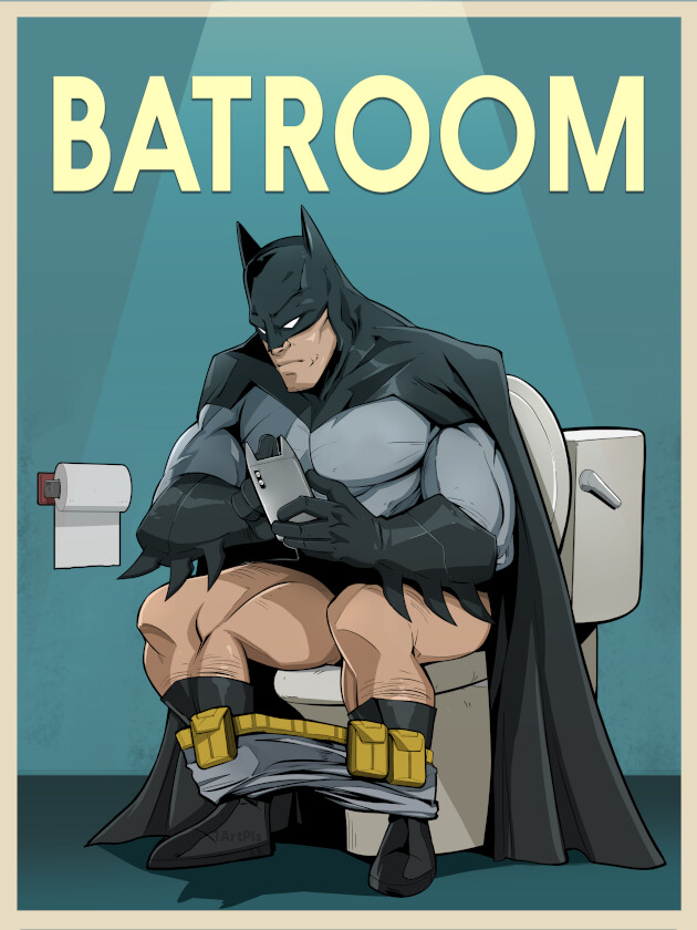 BATROOM poster, Bat Super Hero Toilet Funny Bathroom Sign Humor Comic Book Art