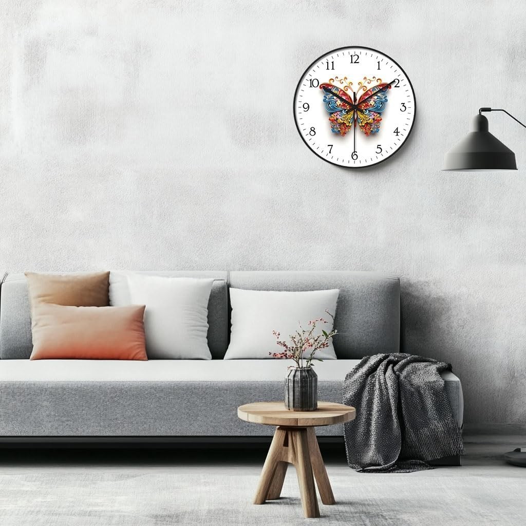 Compact 8 Inch Wall Clock with Silent Quartz Movement and Butterfly Design